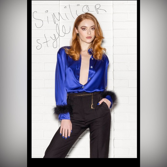 Royal Blue silk Blouse with Blue feather detail at cuff - Picture 4 of 11